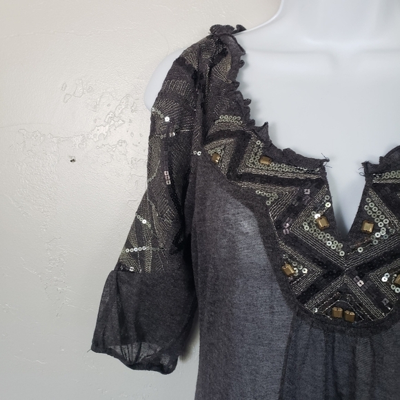 Bohme Small Charcoal Grey Cold Shoulder Blouse V-neck Sequin Embellishments Top - Picture 7 of 10